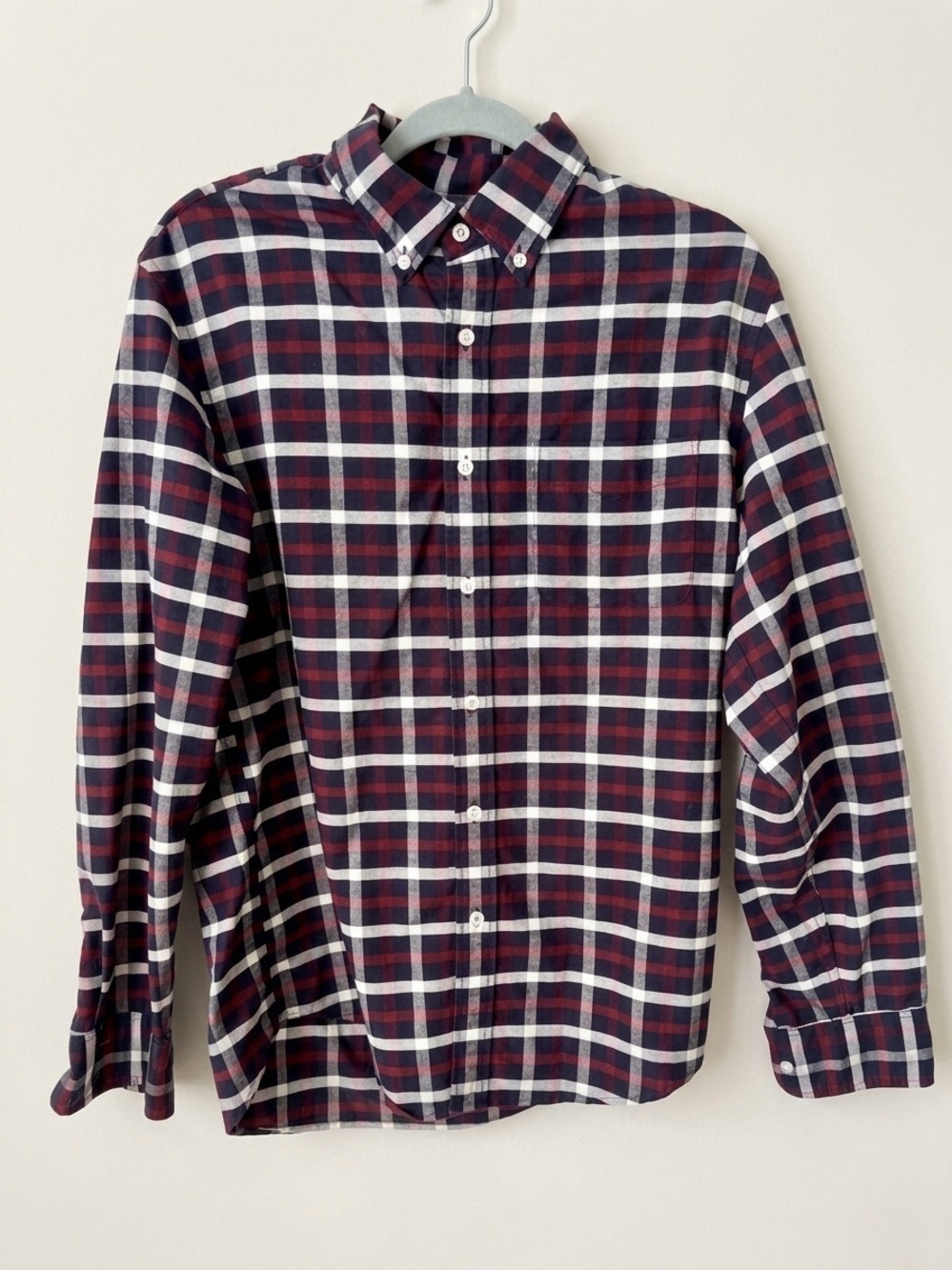 J.CREW Button Down Shirt Flex Oxford Plaid Long Sleeve Navy Burgundy Size Medium